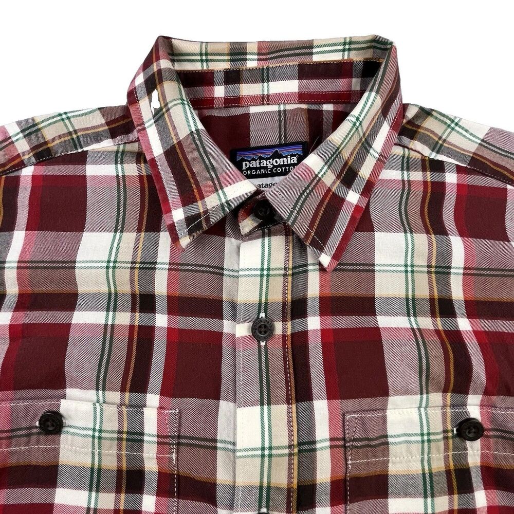 Patagonia Shirt Mens Small Maroon Tan Plaid Long Sleeve Organic Cotton Outdoors